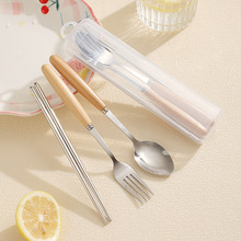 不锈钢可携式木柄勺叉餐具学生上班族带饭餐具饭匙叉子筷子组合套