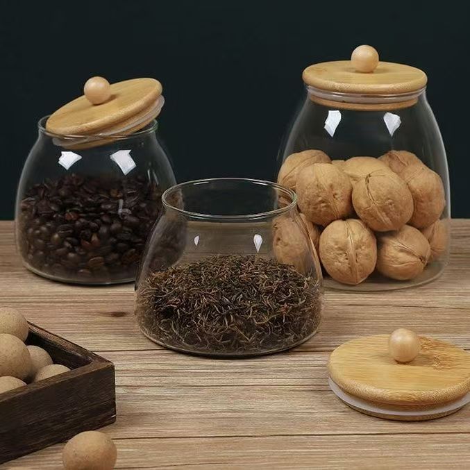 Inventario de bambú cubierta de madera de vidrio transparente lata de té sellado lata de condimento lata de almacenamiento pequeña botella de té negro