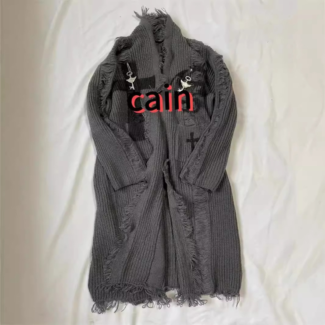 Abbigliamento da uomo, maglione cardigan strappato retrò in stile dark subculture, giacca in maglia punk di media lunghezza da uomo e da donna_voghion.com