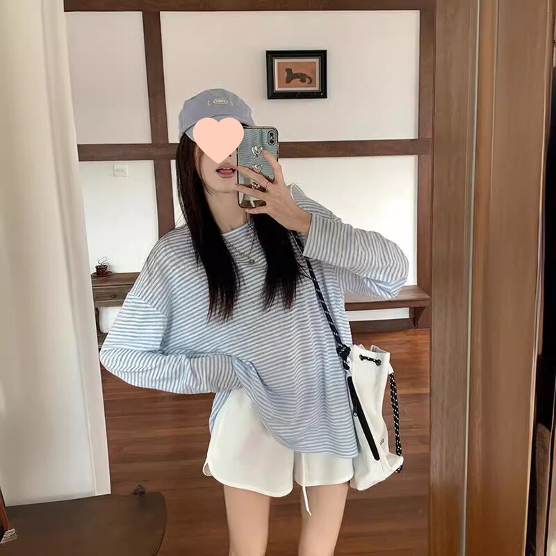 Trendy Backless Tie-Up Blue Striped Long-Sleeve T-Shirt for Women, Summer Thin Loose Top, Lazy Style Sun Protection Cover-Up