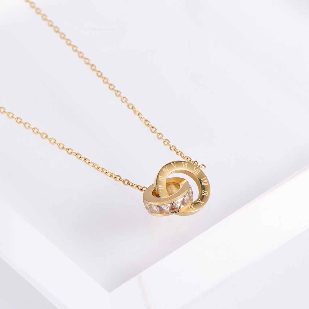 Fashion Round Stainless Steel Inlay Artificial Diamond Pendant Necklace 1 Piece