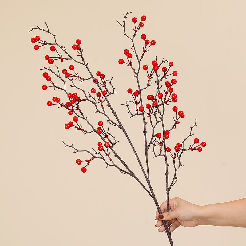 Rama de fruta roja flor artificial fruta de acebo flor artificial baya roja sala de estar inauguración de año nuevo decoración primavera festival bendición cubo flor arreglo accesorios