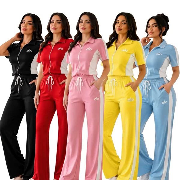 Tw891A European and American Women's Clothing Amazon Independent Site Street Style Loose Lapel Striped Color-Blocking Sports Two-Piece Set