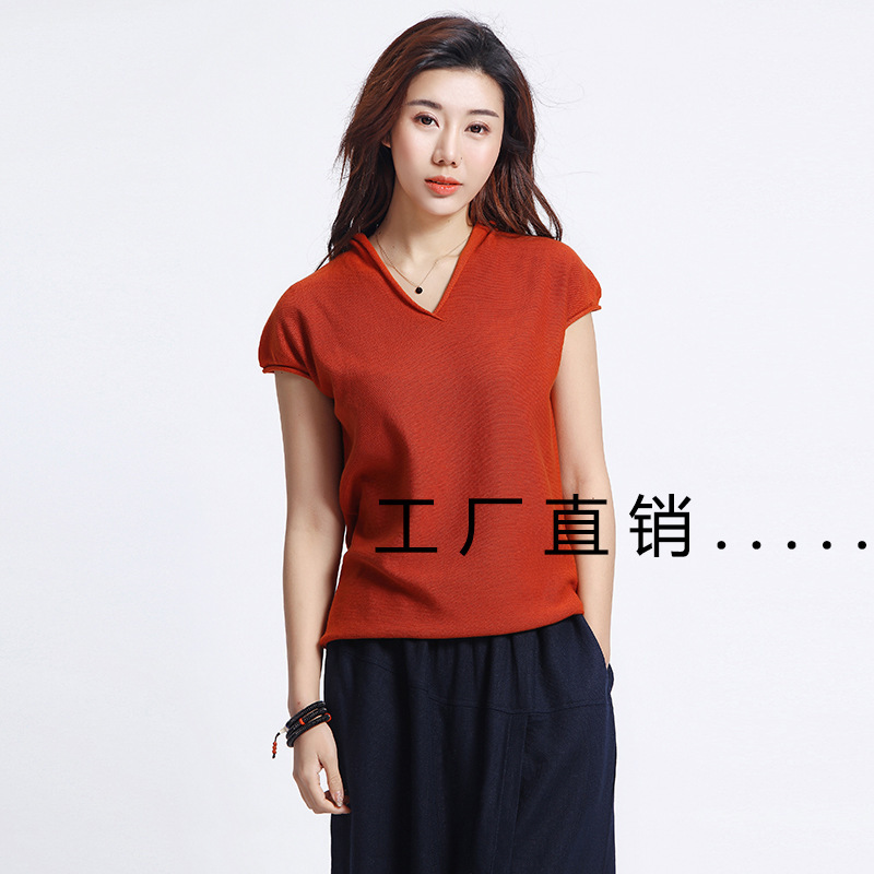 Spring and Summer New Korean Style Pure Cotton Half-Sleeved Large Size Loose Casual Slim Short-Sleeved T-Shirt Women's Knitted Knitwear Small Hoodie Manufacturer