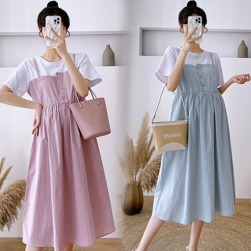 Maternity Wear, New Summer Dress, Large Size Slimming Look Mid-Length Skirt, Pregnant Mother Splicing Loose Belly-Covering Trendy Dress Maternity Wear, New Summer Dress, Large Size Slimming Look Mid-Length Skirt, Pregnant Mother Splicing Loose Belly-Covering Trendy Dress