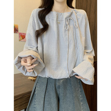 设计感系带长袖条纹衬衫女秋2025大码胖显瘦遮肚短款打底上衣