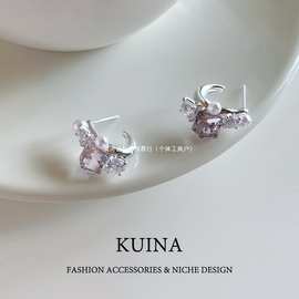 超闪紫色水晶耳环圈圈纯银针耳钉女轻奢高级感小众独特珍珠耳饰品
