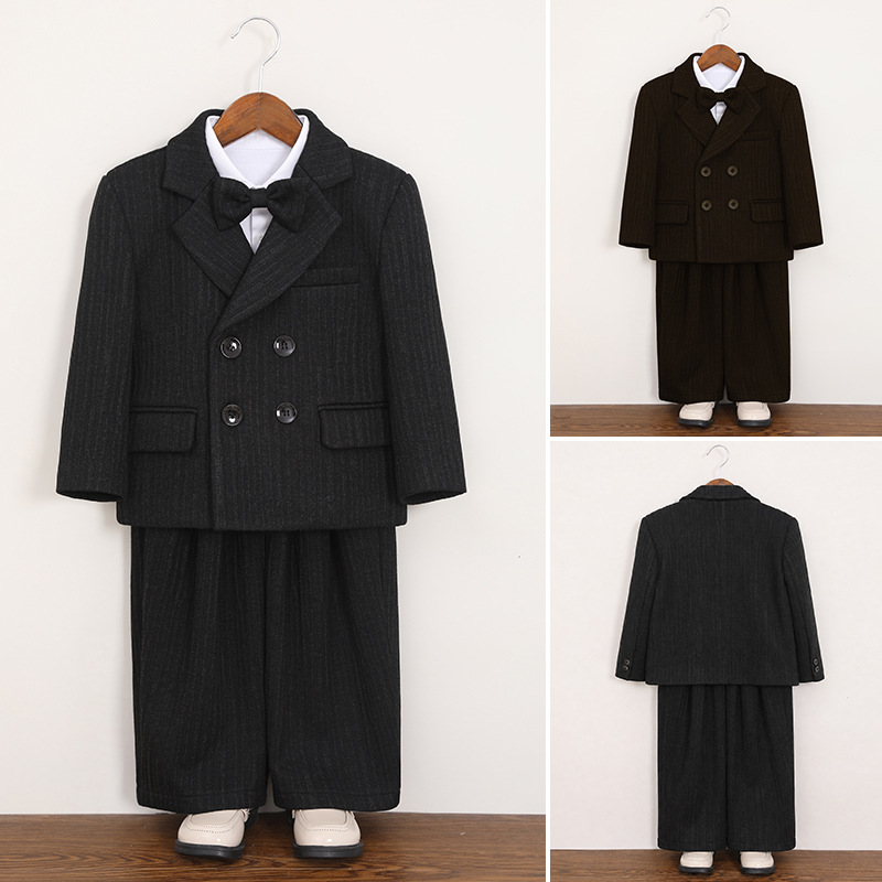 Boys' Suit Set for Autumn and Winter, British Style Striped Suit, Children's Host Attire, Stylish Formal Dress, Flower Boy's One-Year-Old Party Outfit