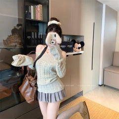 纯欲一字肩毛衣花边针织衫女秋冬2025新款内搭打底衫甜辣露肩上衣
