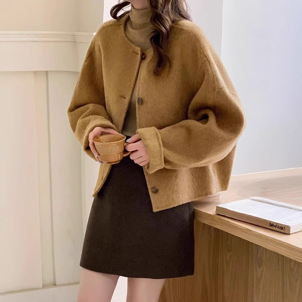 2025 New Double-Sided Cashmere Coat Women's Small Short Style Korean Style Loose Round Neck Woolen Coat
