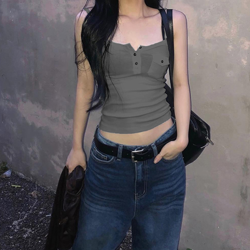 欧美纯欲辣妹风口袋设计修身显瘦吊带小背心女百搭排扣针织上衣夏|undefined