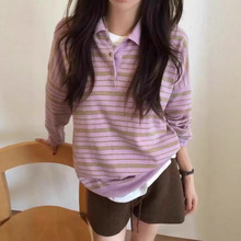 unuu韩国代购2025早秋新款复古条纹长袖polo领针织衫女韩系毛衣