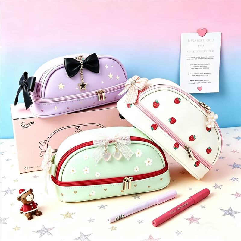 Strawberry Girl Heart Double-Layer Pencil Case Ins Style Simple Stationery Box Large Capacity Stationery Storage Bag for Junior High School and Primary School Students