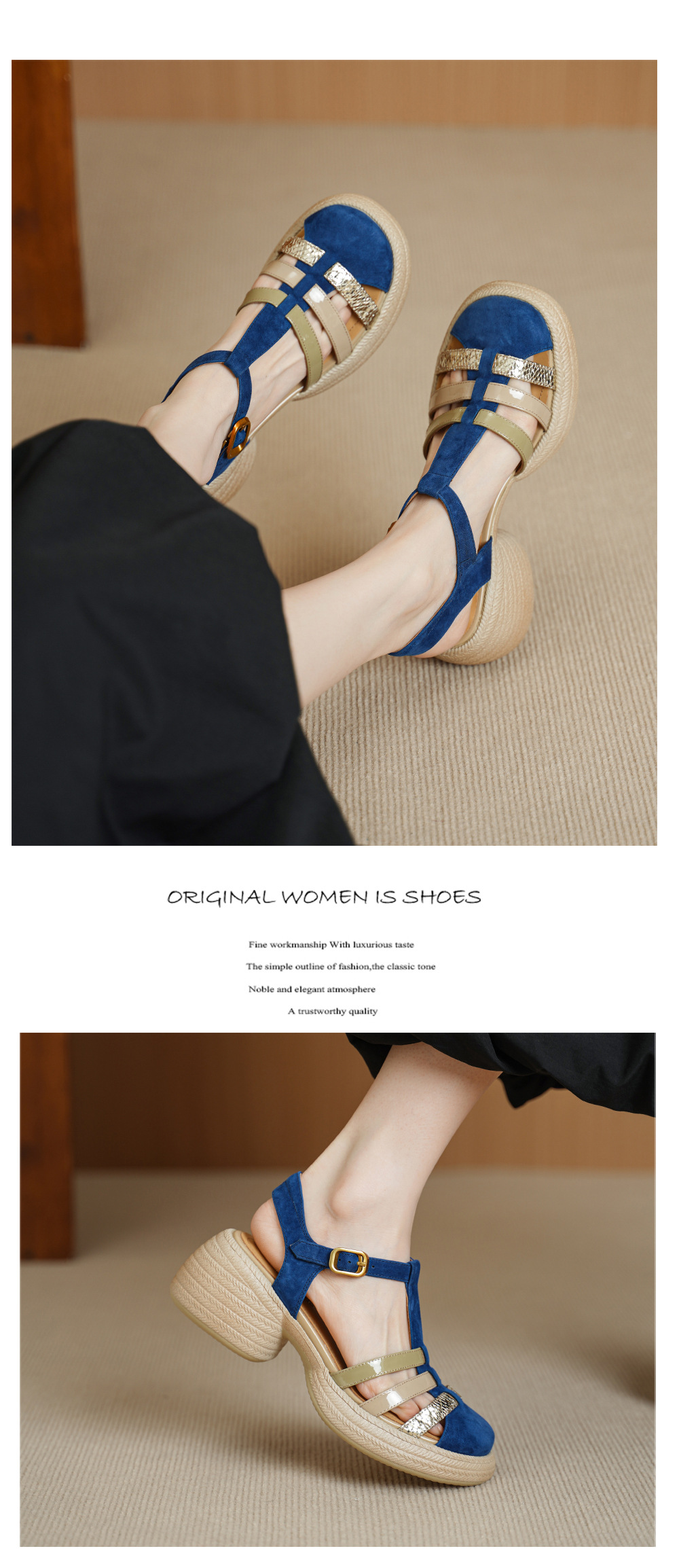 Sandal nữ quai chữ T đan dây đế dày gót thô 6.5cm phong cách La Mã — Màu xanh da trời chi tiết 9