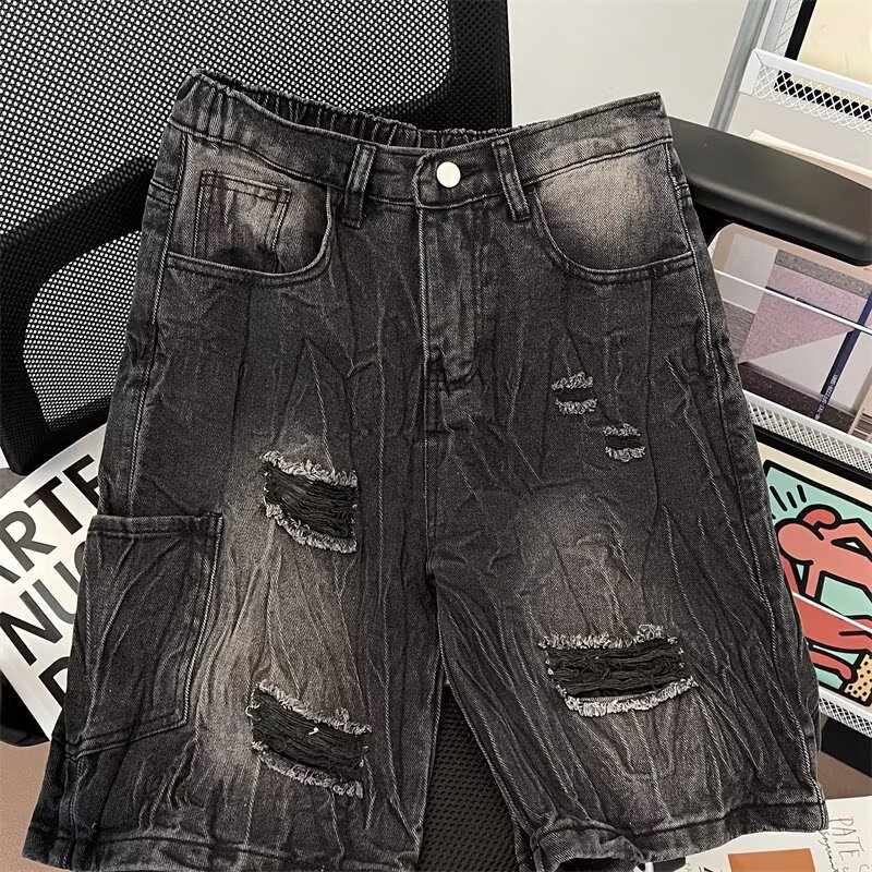 Men's Trendy Distressed Denim Shorts Summer Loose Fitting Washed Five Quarter Length Pants Street Style Trousers_mkmklike.com