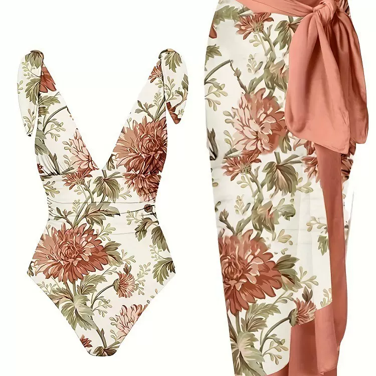 2024年爆款连体泳衣肩部系带V领露背性感中国风气质夏季泳衣
