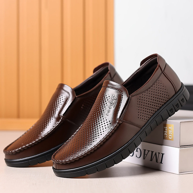 Dép sandal nam da bò thật thoáng khí lỗ rỗng, đế cao 1-3 cm, kiểu mùa hè — nâu, đen