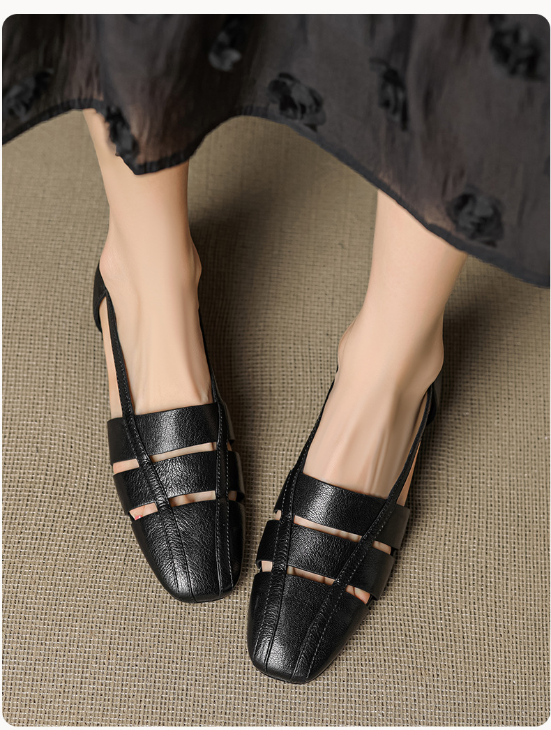 Dép sandal nữ bao đầu rỗng gót thấp 3 cm, mũi tròn kiểu dệt, phong cách đơn giản đi làm — đen chi tiết 8