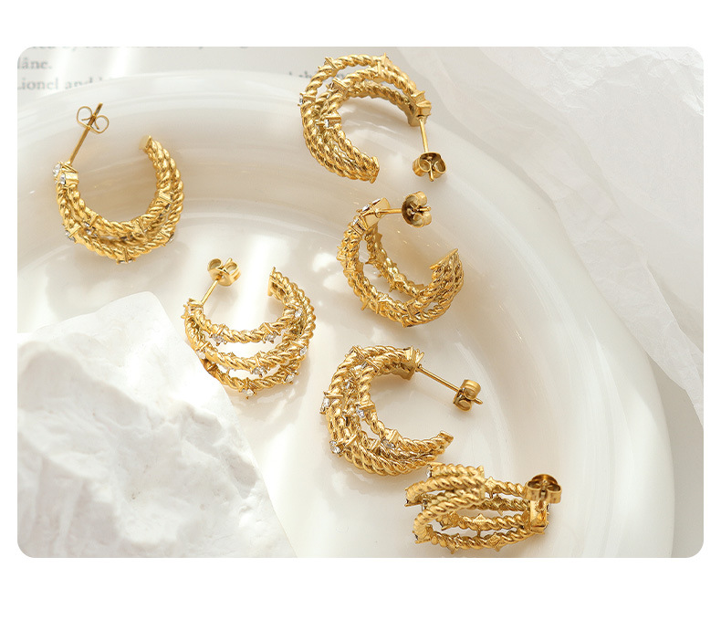 Fashion C Shape Twist Titanium Steel Earrings Plating Zircon Stainless Steel Earrings