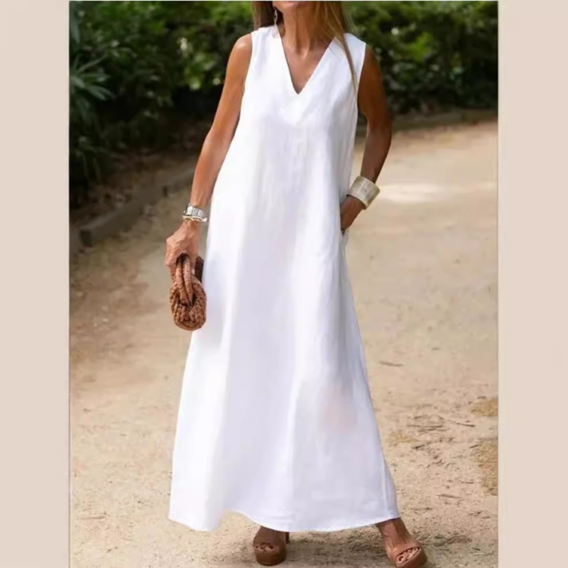wish AliExpress Amazon Spring and Summer 2023 New Deep V-neck Sleeveless Long Large Size White Cotton and Linen Dress