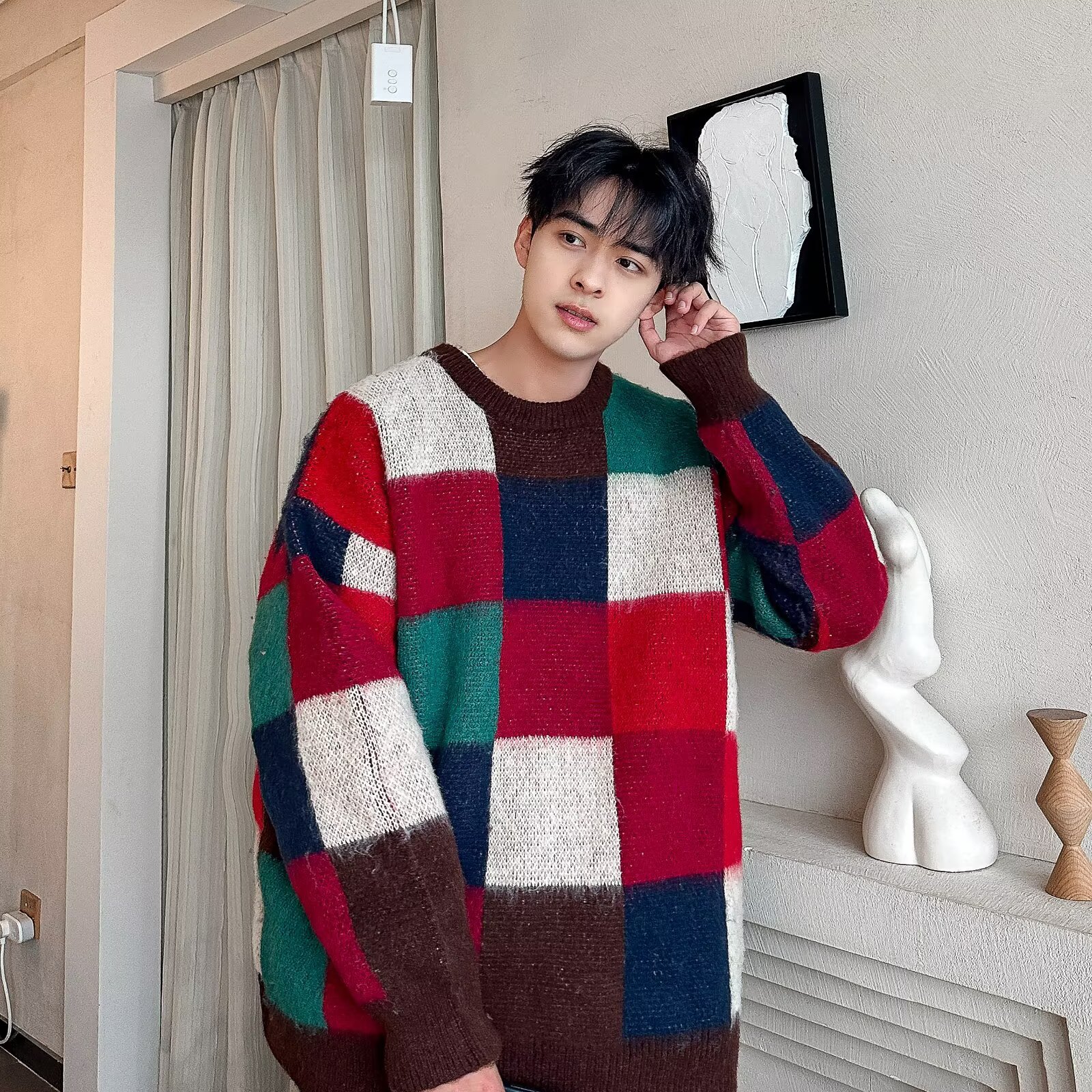 Suéter de tablero de ajedrez de Navidad para hombres invierno de alta calidad camiseta de punto suelta perezosa americana chaqueta de hilo retro