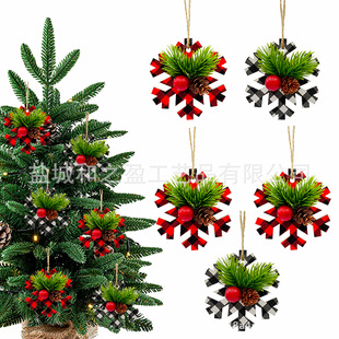 Cross-border New Christmas Snowflake Decoration Wooden Plaid Snowflake Pine Needle Decoration Hanging Christmas Tree Pendant