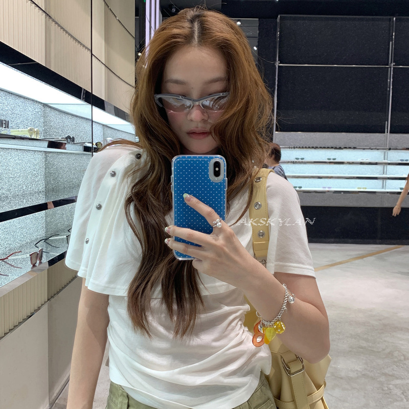 Akskylan Korean Style Gentle Flutter Sleeve Ruffle Top for Women, Solid Color Unique Short-Sleeve T-Shirt 85893