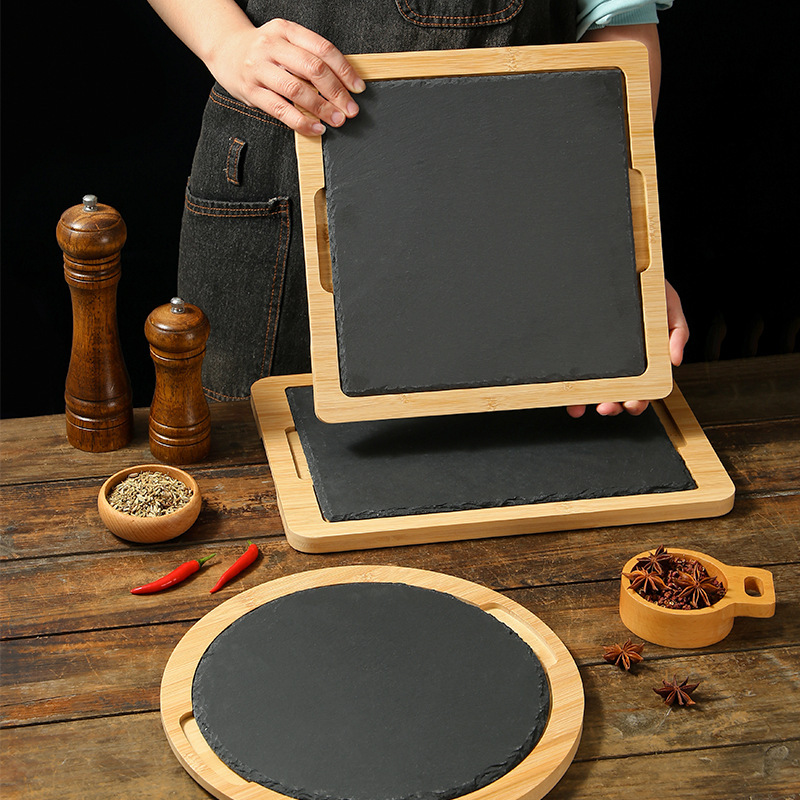 Insulated Stone-Wood Tray for Sushi, Western-Style Steak Presentation, Japanese Cuisine, Stone Plate Serving Tray, Wooden Tray for Home Use