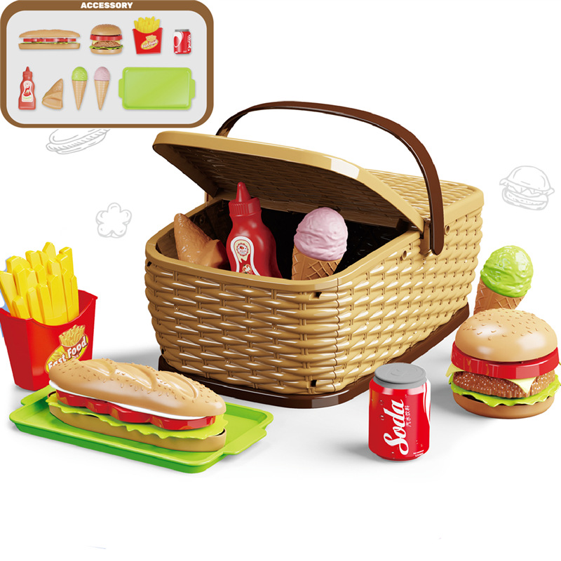 Simulación transfronteriza para niños Juguetes de juego para el hogar Camping para bebés Picnic Fruta Burger Pizza Cesta de mano Juego de almacenamiento