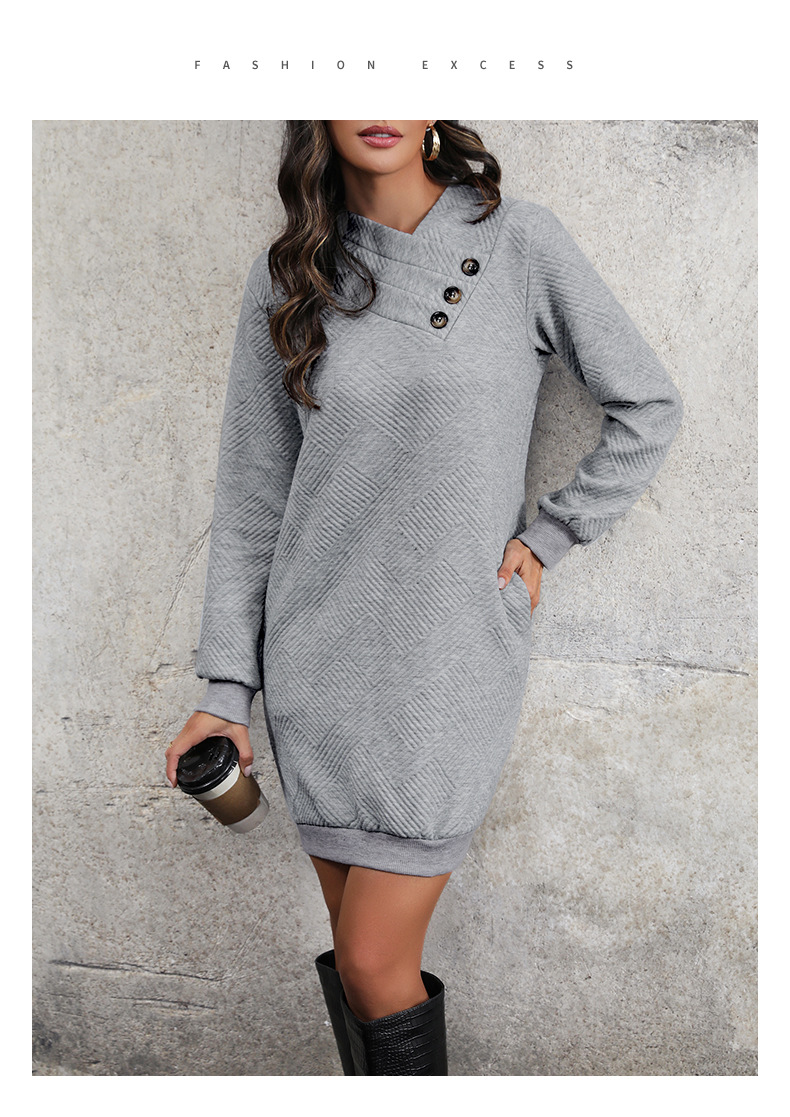 Einfarbiges, langärmliges, modisches Strickkleid mit Taschenknopf und Rundhalsausschnitt_voghion.com