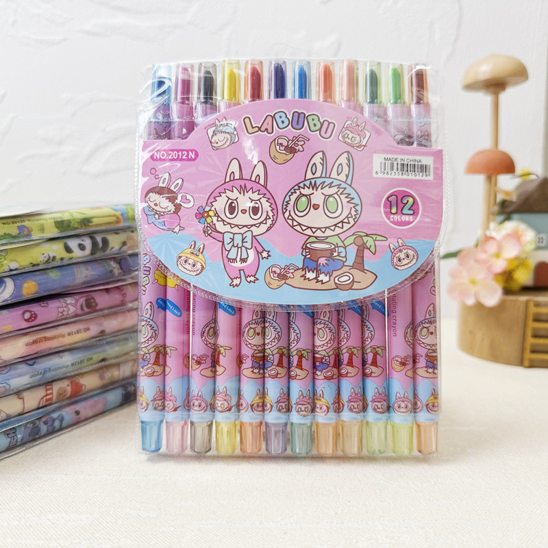 Japanese-Style Cartoon Fabric Rotating Crayons Children's Drawing Colored Pens 12 Colors Non-Smudging Portable Graffiti Oil Pastels