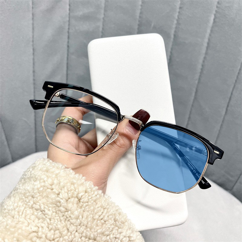 Gafas de media montura que cambian de color fotosensibles para hombres, cara grande, gafas de miopía de moda anti-luz azul, las mujeres pueden equiparse con ojos planos