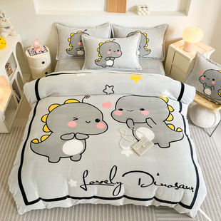 Thick cartoon coral velvet bed Four -piece set of winter milk flavor velvet sheet double -sided plus velvet quilts three -piece
