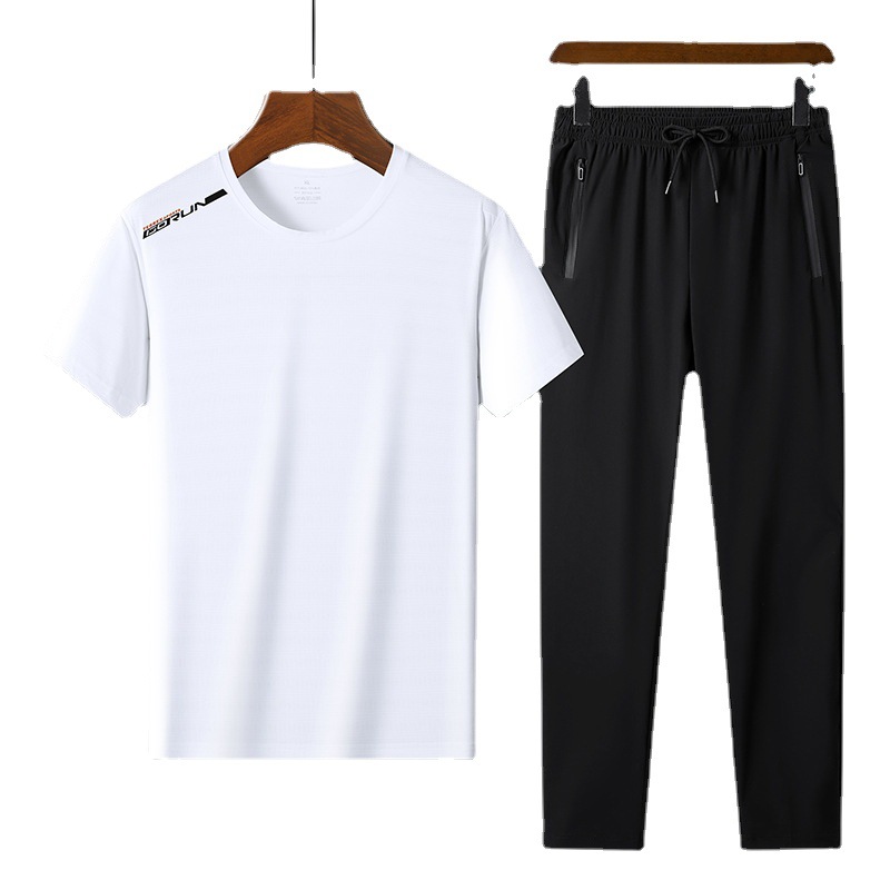 Deportes Traje de seda de hielo pantalones de moda casual camiseta de dos piezas masculino más tamaño suelto traje de secado rápido