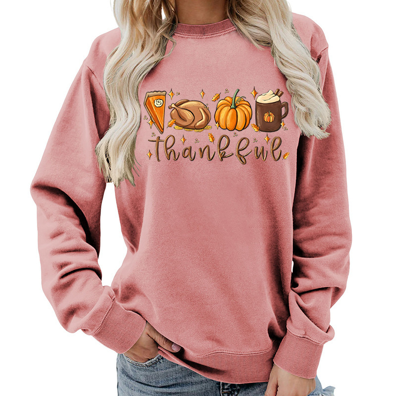 Thankful Pie Turkey Pumpkin Thanksgiving Print Round Neck Women's Sweatshirt Casual Loose Fit