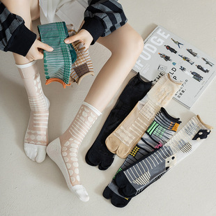 Two-toe glass stockings for women ins fashionable summer thin transparent crystal silk mid-calf length socks asymmetric AB toe socks