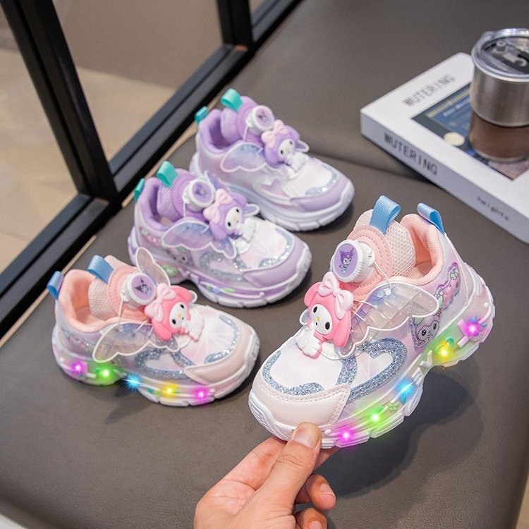 Girls' Breathable Luminous Sneakers 2026 Spring & Fall New Style Rotating Button Princess Shoes Kidsren's Cartoon Running Shoes