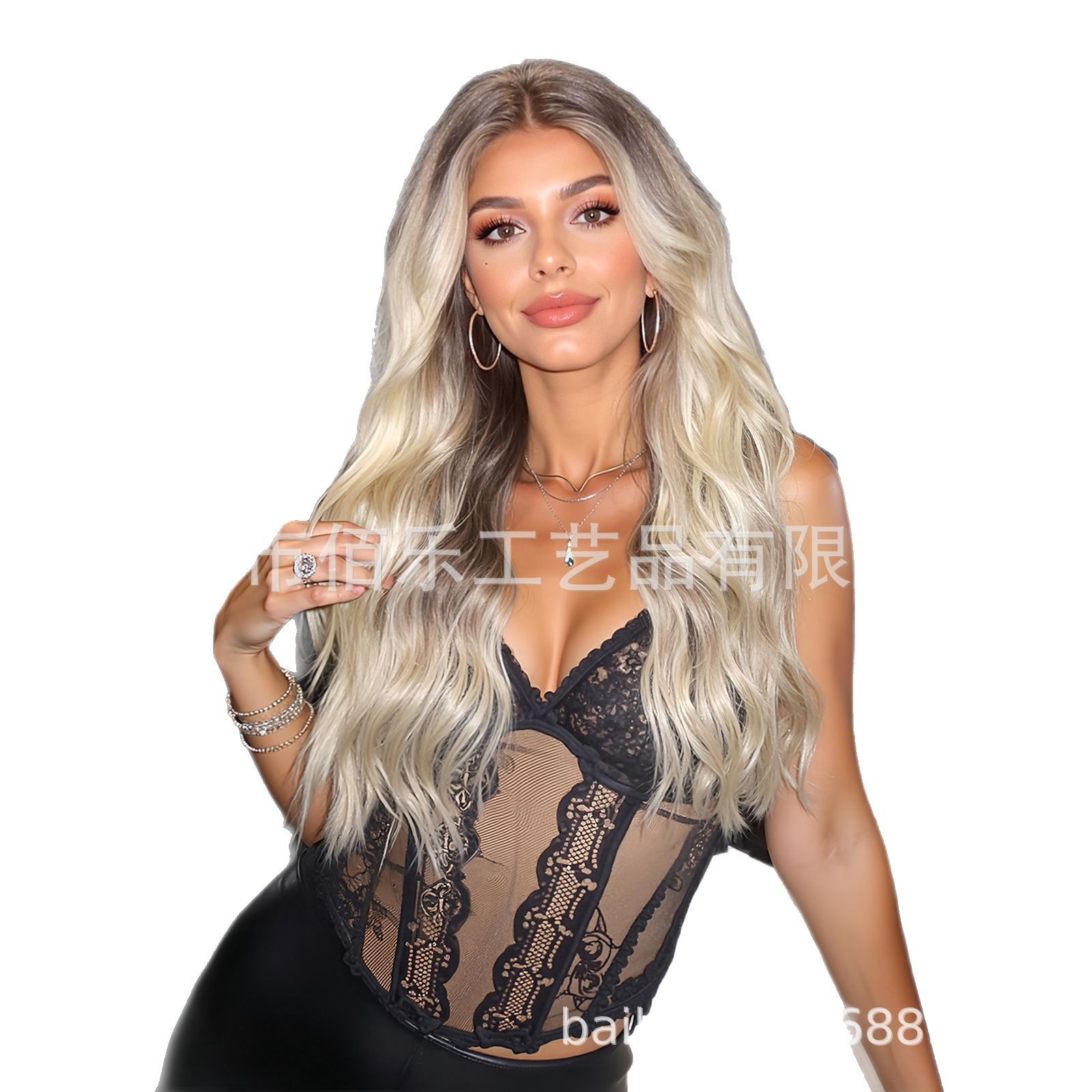 13*6 peluca de encaje de área grande, gradiente de platino, cabello largo y rizado, casco completo, tejido a mano, costura aleatoria, lace wig
