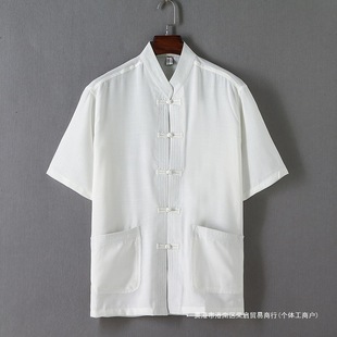 Tang Suit Men's Short-Sleeved Summer Clothes Men's Han Dynasty Middle-Aged Linen Shirts Men's Dad Clothes Cotton and Linen Loose Pure Color Tops Summer