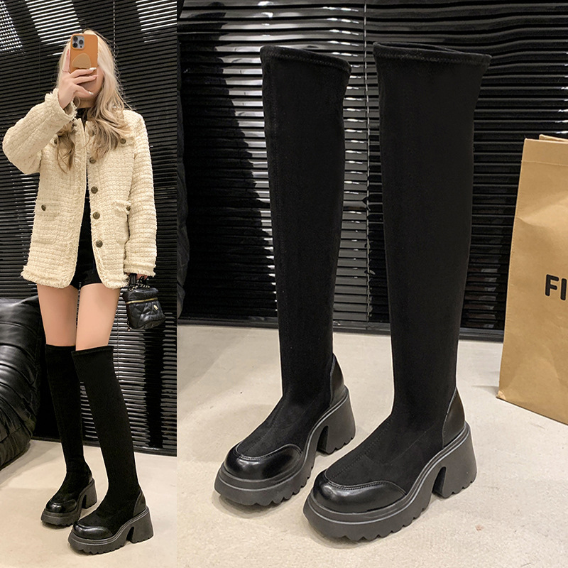 Small, thick soled, high-heeled, elastic, slim sock 2024 autumn and winter, retro Maillard knee high boots for women_voghion.com