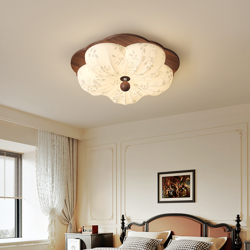 Lámpara de techo de dormitorio retro francés, tela de madera maciza antigua, protección ocular, sala de estudio del dormitorio principal, lámpara de flores