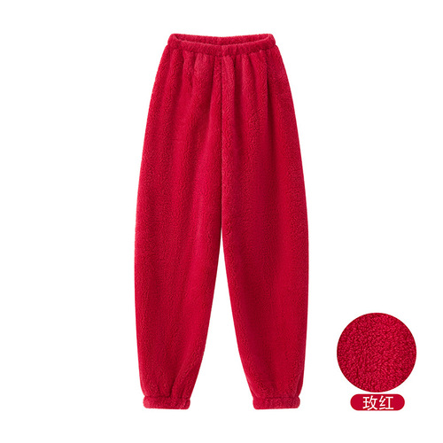 Cartoon pajama set home pants solid color sleep pants long fur comfortable cotton flannel warm drawstring autumn and winter thickening unisex long pants with additional padding