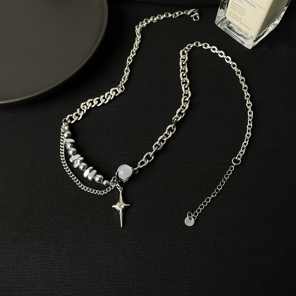 Moonstone Double Layer Cross Necklace Unisex High End Design_voghion.com