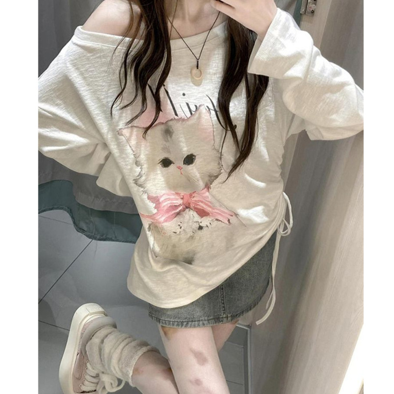 Sweet Sexy Cat Print White Long-Sleeved T-Shirt Women's Autum Design Slanted Shoulder Loose Slimming Look Blouse Top