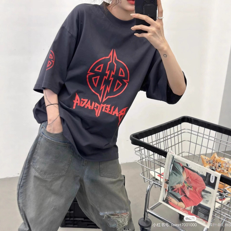 B's High Version 25 New Classic Double B ロゴ プルクラックプリント ウォッシュド メンズ レディース ルーズ ショートスリーブ Tシャツ|undefined