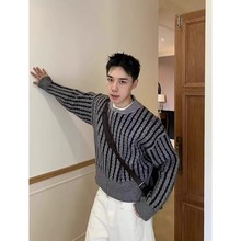 春秋美式复古撞色条纹麻花拉链开衫毛衣外套男女休闲百搭潮流上衣