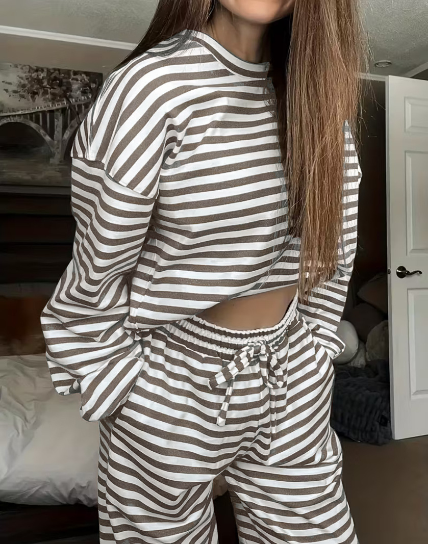 Spring Striped Casual Two-Piece Set: Long-Sleeved Top and High-Waisted Pants