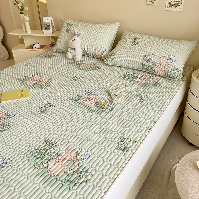 2025新款乳胶凉席三件套直播团购小清新素色绑带款乳胶条席床单