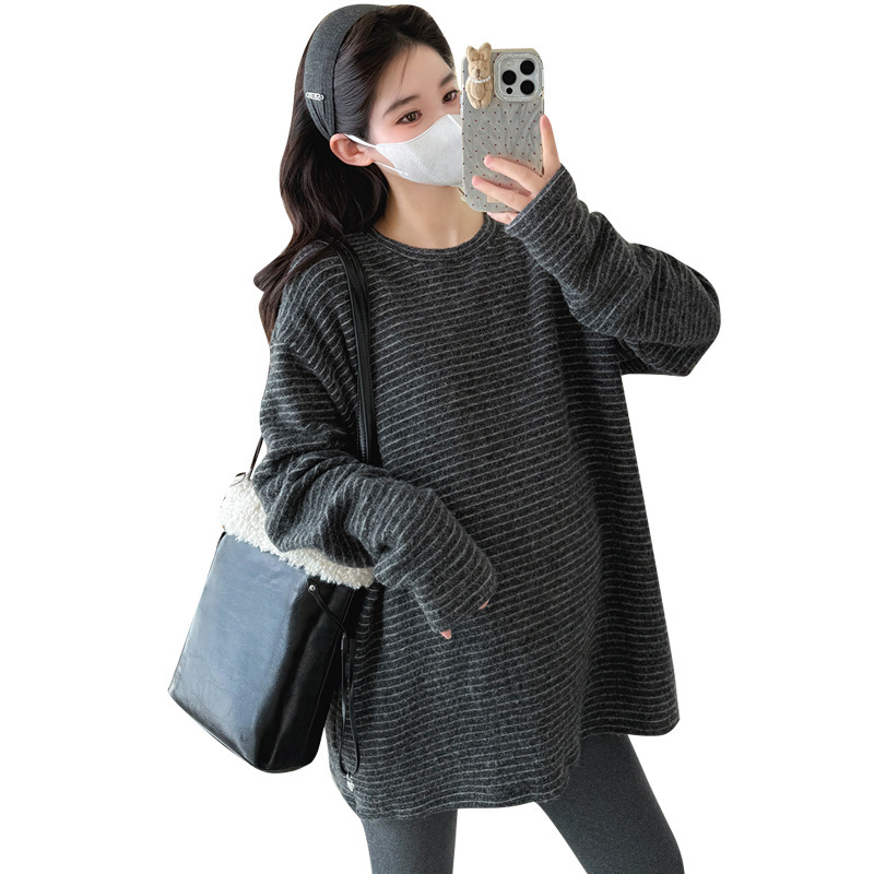 孕妇装秋冬加厚双面磨毛澳绒孕妇冬季条纹T恤上衣宽松遮臀打底衫|undefined