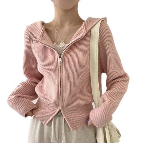 Lazily chic autumn-winter hooded, thick knit cardigan with Korean zipper design, unique collar women's sweater